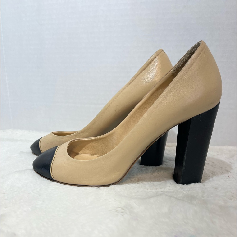 J. Crew Two-Tone Beige and Black Leather Block Heel Pumps